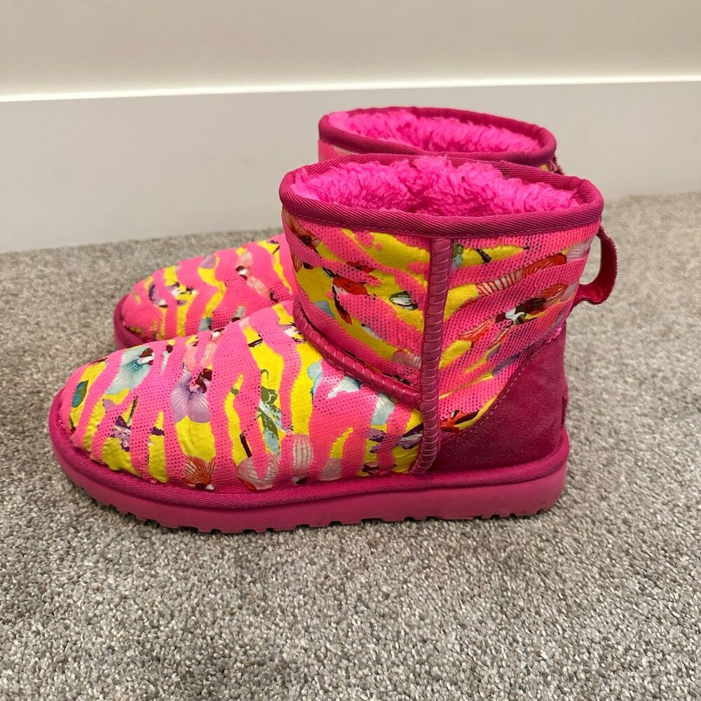 UGG Classic Mini Tiger Flower Sequin Pink Boots 1124951 Women's 8 - Picture 2 of 13